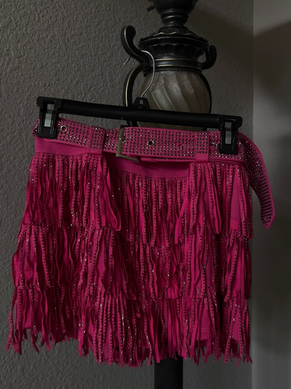 Hot Pink Fringe Mini Skirt with Embellished Belt - Built in Shorts